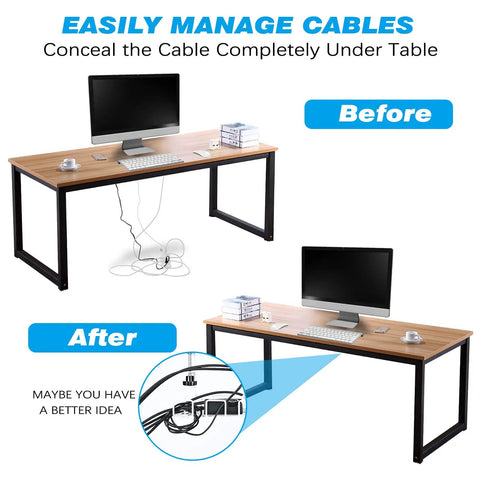 Before and after using Under Desk Cable Tray Organizer With Clamp On Mount White Mesh Cable Management Tray, cords neatly hidden.