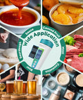 Image showing digital PH meter for food with dual sensors and its applications in sauce, sourdough, canned fruit, meat, and beer.