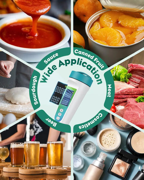 Image showing digital PH meter for food with dual sensors and its applications in sauce, sourdough, canned fruit, meat, and beer.