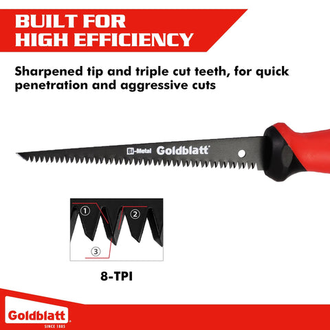 Goldblatt 6-inch drywall saw with red soft-grip handle and 8-TPI bi-metal blade