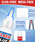 Ultra Strong Glass Glue For Mirrors Jewelry And Diy Art 30g Clear Adhesive with precision tip and anti-clog design diagram.