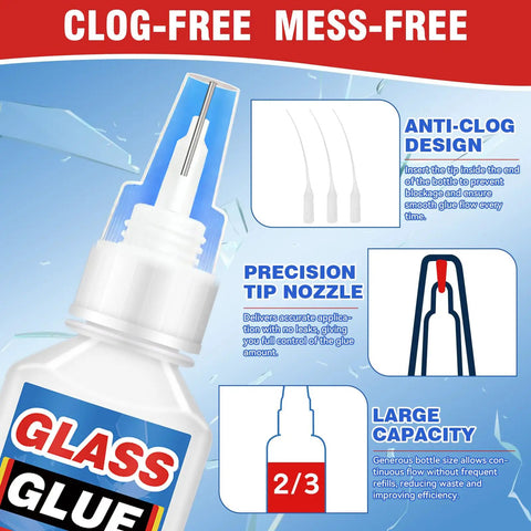 Ultra Strong Glass Glue For Mirrors Jewelry And Diy Art 30g Clear Adhesive with precision tip and anti-clog design diagram.