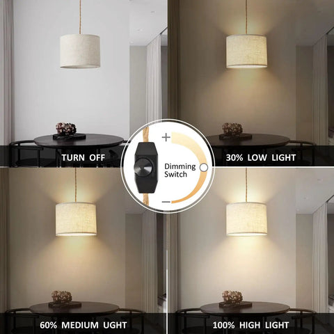 Plug In Pendant Lights With Smooth Dimmer Switch And 15 Foot Braided Hemp Cord For Super Chill Bedroom Or Living Room Vibes Two Pack, showing dimming options.