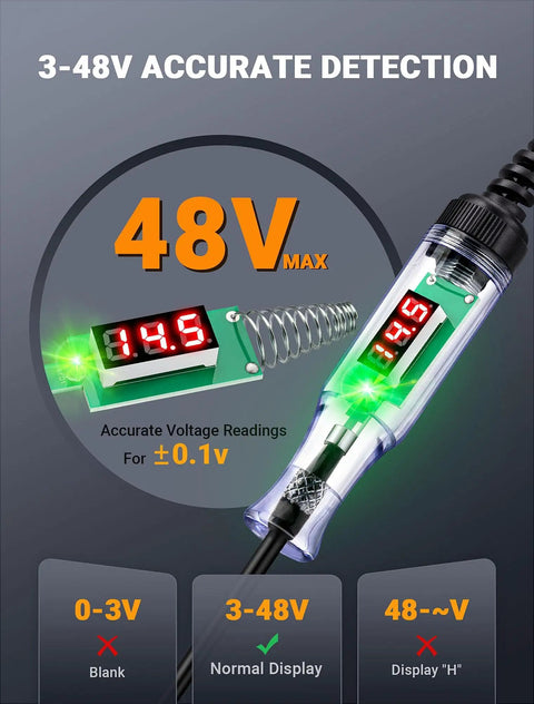 Rugged Pro Grade Automotive Test Light Circuit Tester with 3-48V Digital Voltmeter and Dual Polarity Indicator display