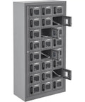 Secure 24 Door Clear View Cell Phone Charging Locker With Usb C Micro Lightning Ports For Offices Classrooms Ultimate Gear Vault And No Stress Charging Setup, steel grey design with multiple clear doors and digital keypad.
