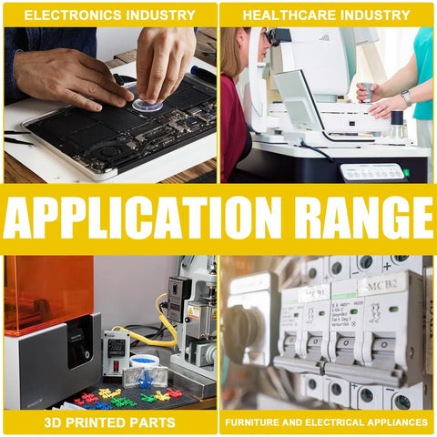 Images showing application range of 410 Pieces Threaded Inserts Kit For 3D Printing in electronics, healthcare, 3D printing, and furniture.