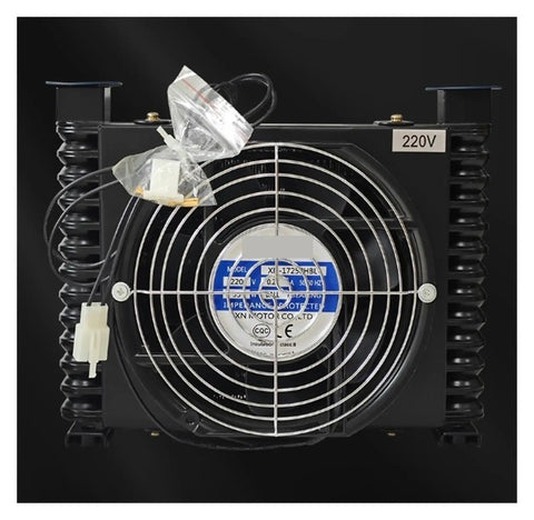 10 LPM Industrial Air Oil Cooler With Dust Proof Filter And Centrifugal Fan DC 24V Heavy Duty Pro Grade Cooling For Engineering Machinery And Mobile Equipment Built Tough To Beat The Heat., front view with 220V label and fan guard