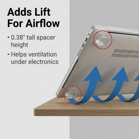 Laptop lifted by clear tall square self adhesive rubber feet pads for airflow, showing 0.38 inch height with ventilation improvement