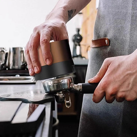 Automatic Espresso Tamper 58mm Electric Coffee Hammer With LCD Screen And Twenty Tamping Levels Rechargeable Barista Gear in use