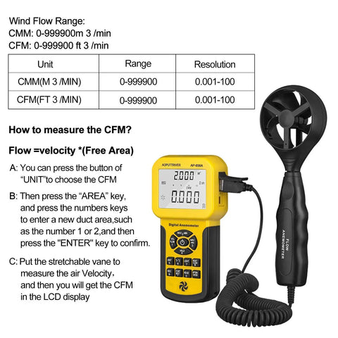 HVAC Anemometer And Air Flow Meter With USB PC Export Pro Grade Ultra Precise 0.001 Resolution Wind Speed And Temperature Gauge Backlit Display 600 Data Records Storage CFM CMM Readouts Max Min Avg Easy Unit Switching, yellow handheld meter with vane sensor