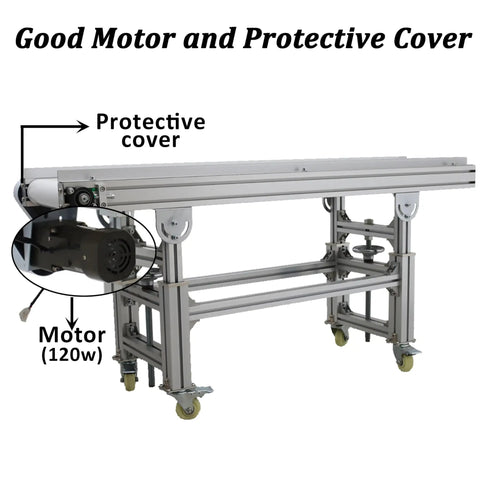 Beefy PU Belt Conveyor With Aluminum Frame 59 Inch Length And 11.8 Inch Width, showing motor and protective cover