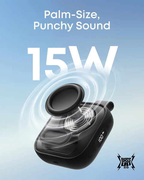 Boom Go 3i Palm Sized Portable Bluetooth Speaker With 15W Punchy Sound showcasing deep bass effect, black, against blue background