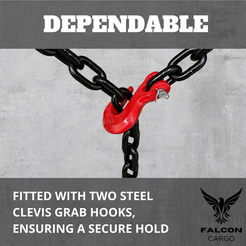 Heavy Duty Half Inch Grade 80 Transport Binder Chain Twenty Foot With Clevis Grab Hooks, 12,000 LBS Working Load Limit, 48,000 LBS Break Strength, Built Tough Blackened Steel, Ideal For Tie Down, Towing, And Hauling showing red clevis grab hook.