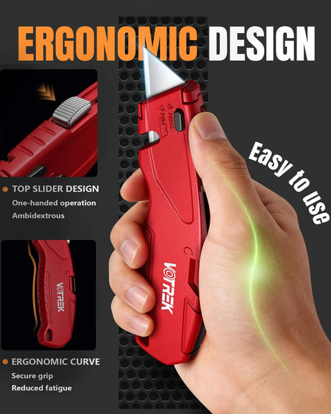 Box Cutter Retractable Metal Utility Knife Set With Built In Storage Tool Free Blade Change Safety Lock Extra 10 SK5 Blades
