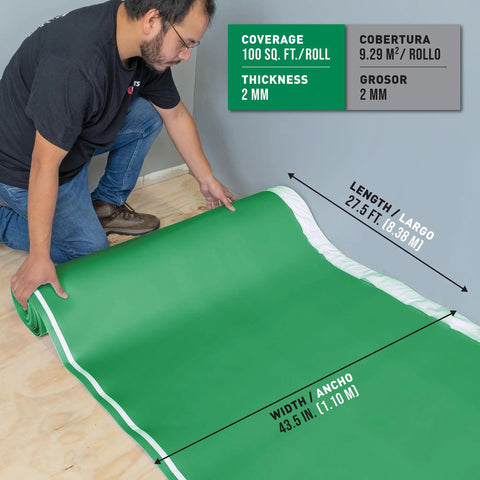 Person installing Top Shelf Premium Acoustical Underlayment Roll For Hardwood Floors 100 Square Foot sound dampening foam.