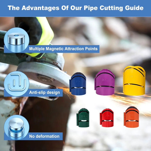 Magnetic Pipe Cutting Guide Kit For On Site Use Heavy Duty Steel Saddle Templates 6 Piece Set with magnets shown during cutting