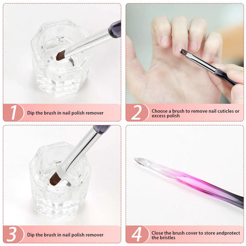 Steps showing use of 3 Piece Nail Art Clean Up Brush Set With Flat, Oval, And Fine Angled Heads for quick clean up of polish mistakes around cuticles