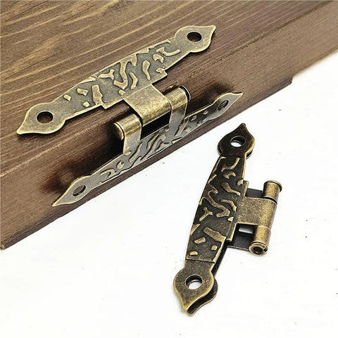 4Pcs Antique Vintage H Shaped Cabinet Door Hinges With Screws for Jewelry Boxes and Old School Furniture Decor on wood surface