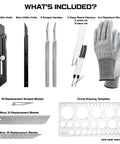 Precision Foam Cutting Kit For Custom Shadow Foam Organizers With Heavy Duty Utility Blades includes knives, scalpel handles, and cut gloves.