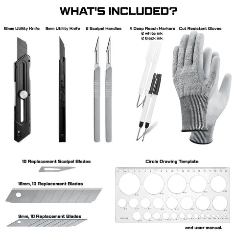 Precision Foam Cutting Kit For Custom Shadow Foam Organizers With Heavy Duty Utility Blades includes knives, scalpel handles, and cut gloves.