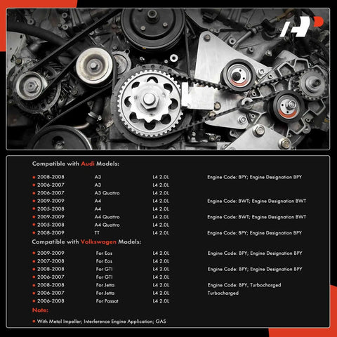 Timing Belt Kit With Water Pump For VW Jetta Passat Eos GTI And Audi A4 A4 Quattro A3 A3 Quattro TT 2005 To 2009 Fits BPY BWT Engine Codes Premium Quality Replacement with engine compatibility list displayed.