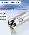 RV Air Conditioner Run Capacitor 50/5uF 370VAC Replacement for 13500 BTU A/C Units, model 3313107.018, displayed on a blue background