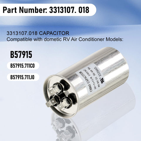 RV Air Conditioner Run Capacitor 50/5uF 370VAC Replacement for 13500 BTU A/C Units, model 3313107.018, displayed on a blue background