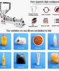 Pneumatic Liquid Paste Bottle Filler, 40L Stainless Steel Hopper, Double Head Horizontal Dispenser showing various fillable liquids.
