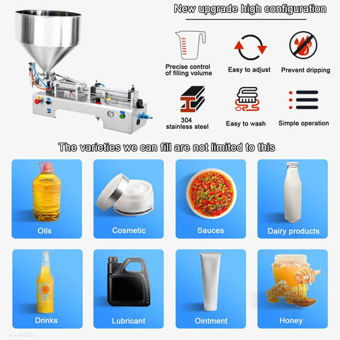 Pneumatic Liquid Paste Bottle Filler, 40L Stainless Steel Hopper, Double Head Horizontal Dispenser showing various fillable liquids.
