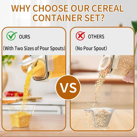 Comparison of 4L Cereal Storage Set with Airtight Containers and Lids, showing two pour spouts versus none, ideal for easy kitchen storage.