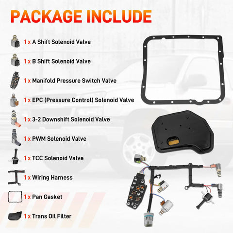 4L60E 4L65E Transmission Master Solenoid Kit With EPC TCC 3-2 PWM Harness Filter Gasket, parts displayed on package