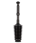 Heavy Duty Toilet Plunger Kit With Tall Bucket Black Air Release Valve And 8 Cup Water Displacement For Quick Unclogging All Purpose Bathroom Plunger System That Busts Clogs Like A Boss, showing black accordion style plunger.