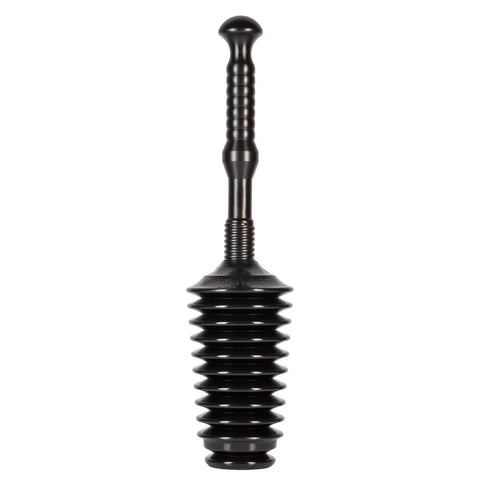 Heavy Duty Toilet Plunger Kit With Tall Bucket Black Air Release Valve And 8 Cup Water Displacement For Quick Unclogging All Purpose Bathroom Plunger System That Busts Clogs Like A Boss, showing black accordion style plunger.