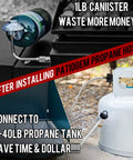 Comparison of 1lb propane tank and 20lb tank using 5 Foot Stainless Braided Propane Hose Adapter Converts 1Lb To 20Lb For Buddy Heaters And Grills
