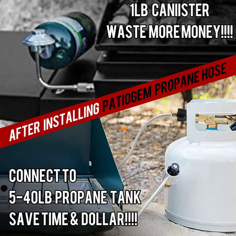 Comparison of 1lb propane tank and 20lb tank using 5 Foot Stainless Braided Propane Hose Adapter Converts 1Lb To 20Lb For Buddy Heaters And Grills