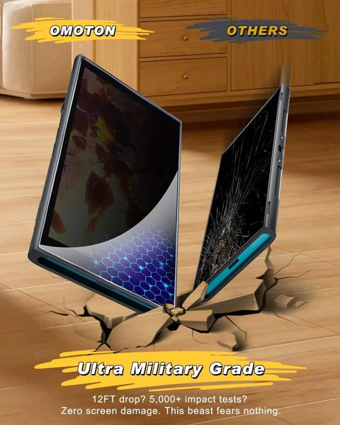 Comparison of two tablets dropped onto the floor, illustrating durability; one with screen protection intact, the other shattered.