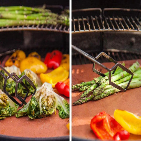 Set Of 6 Copper Grill Mats For Outdoor Grilling Nonstick Heavy Duty Reusable Easy To Clean For Electric Gas Charcoal Grills RV Camper BBQ Accessories No Fuss shown with vegetables on grill mats