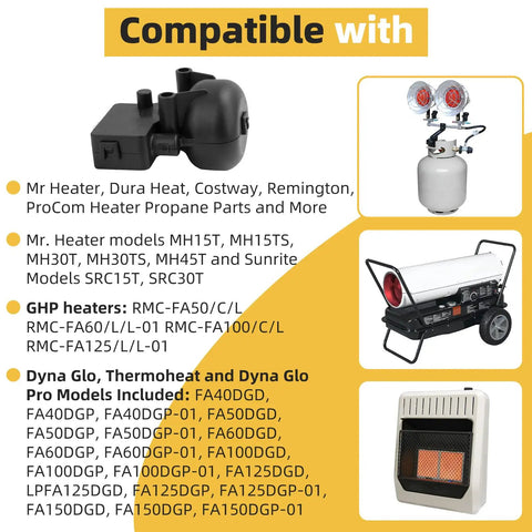 FD4 Dump Switch For Patio Heaters Anti Tilt Safety Switch Replacement Part Easy Install shown with compatible heater models
