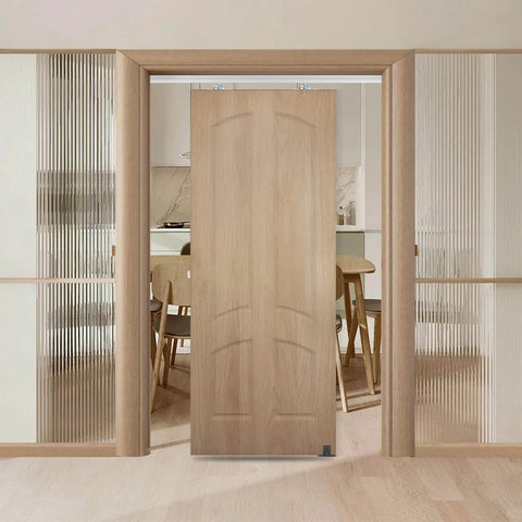 60Inch Sliding Pocket Door Hardware Kit With Aluminum Track And Soft Close Rail installed in wooden doorway