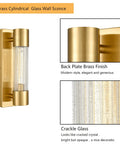 Modern Brass Wall Sconce Light With Crackle Glass Cylinder Shade For Bathroom Vanity ETL Listed Hardwired Wall Mounted Fixture