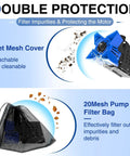 Beefy 3200 GPH Submersible Pond Pump 200W With 33 Ft Power Cord Barrier Bag Two Hose Adapters 20 Ft Lift For Garden Ponds Fountains Waterfalls And Water Circulation Blue showing inlet mesh cover and filter bag with debris protection