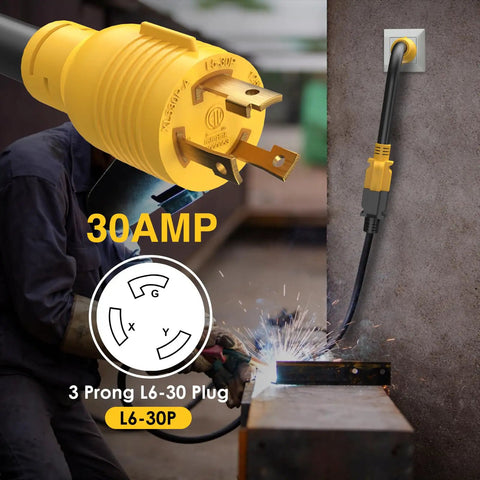 Heavy Duty Nema L6 30P To 6 20R AC Adapter Plug And Play Twist Lock Male Connector close-up view with welding activity.