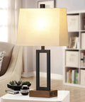 Set Of 2 Modern Bedside Lamps With USB Ports And AC Outlet 23.5 Inch Tall Wood Base With Linen Shade shown on living room table