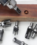 All In One Woodworking Drill Bit Set With Countersinks And Plug Cutters Hex Shank HSS 5 Flute 90 Degree Bits on wood surface