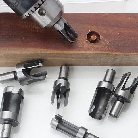 All In One Woodworking Drill Bit Set With Countersinks And Plug Cutters Hex Shank HSS 5 Flute 90 Degree Bits on wood surface