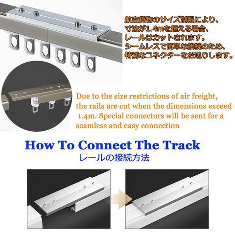 Heavy Duty Aluminum Curtain Track System 90cm Ceiling Or Wall Mount For Heavy Curtains And Sliding Panels In Black Finish, Adjustable 50cm To 600cm, Rustproof Waterproof With Stainless Steel Track For Built To Last Durable Home Or Office Use, showing connection details and components.