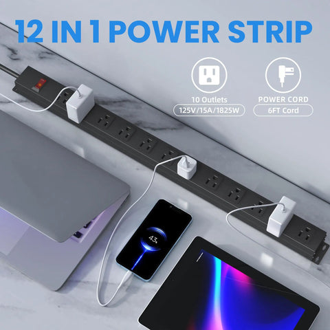 12 Outlet Power Strip Built Tough With 15A Circuit Breaker, Wall Mount Ready, 6Ft 14AWG Extension Cord, shown with devices plugged in