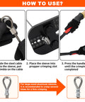 Pro Grade Wire Rope Crimper Tool Kit With Steel Cable Cutter, Swaging Tool shown crimping aluminum sleeves, step-by-step usage