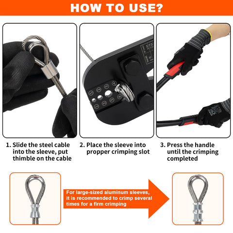 Pro Grade Wire Rope Crimper Tool Kit With Steel Cable Cutter, Swaging Tool shown crimping aluminum sleeves, step-by-step usage