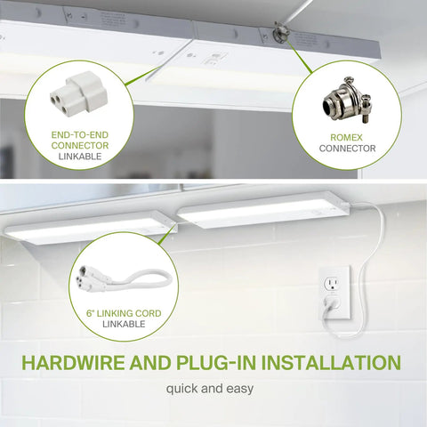 No-Fuss 12 Inch LED Under Cabinet Lighting, Plug-In or Hardwired, showing connectable parts, dimmable with high low off switch